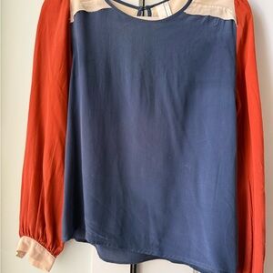 100% Silk Colorblock Long-Sleeve Women’s Top in Blue, Rust & Cream